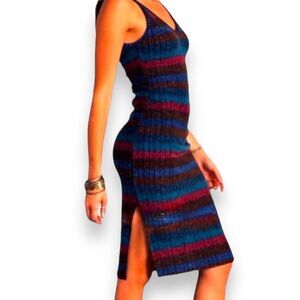 Sleeveless V Neck Striped Rib Knitted High Split Side Hem Fitted Midi Dress NEW